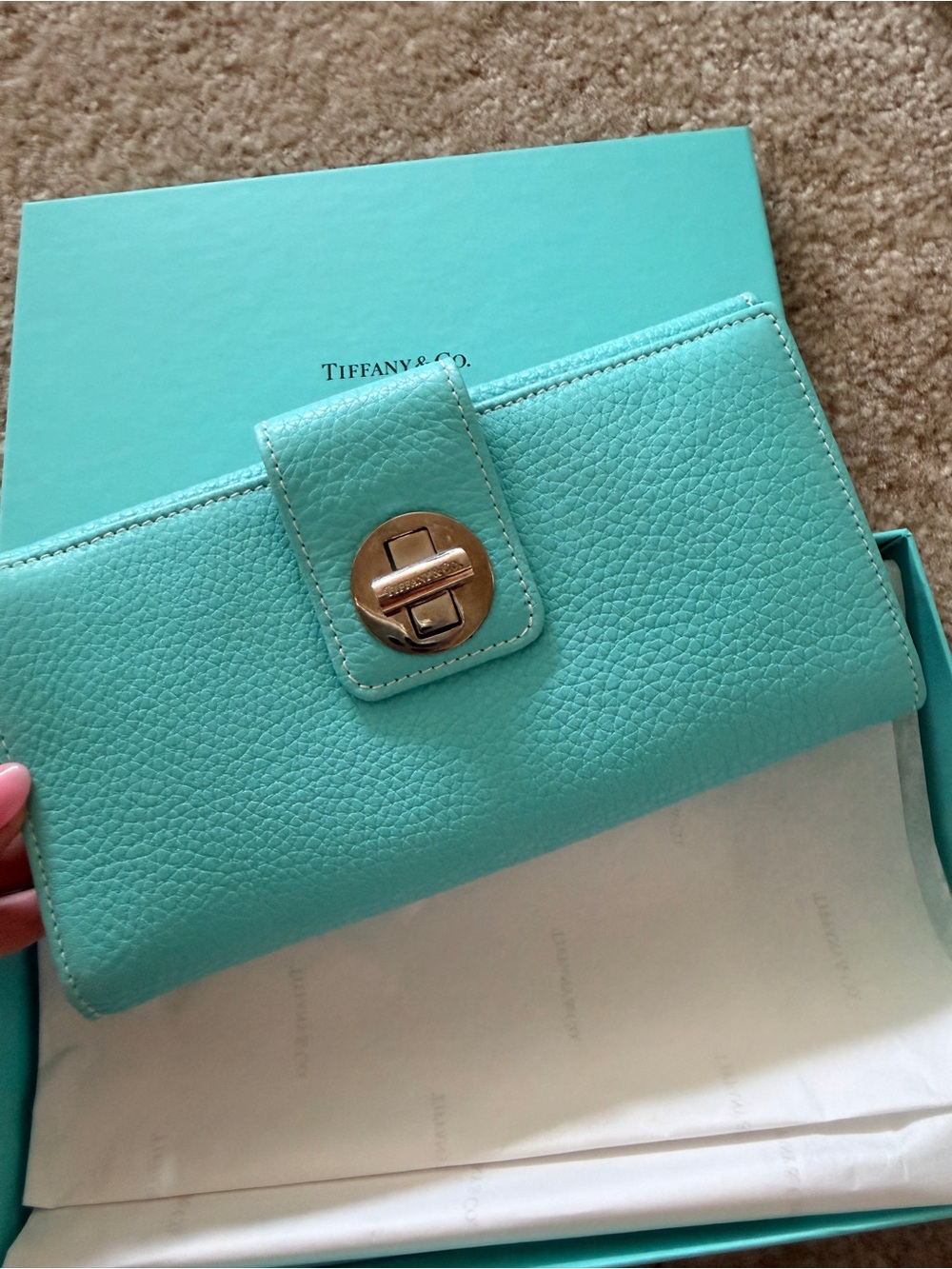 Tiffany & Co. Tiffany Blue Pebbled Leather Wallet with Gold-Tone Turn Lock